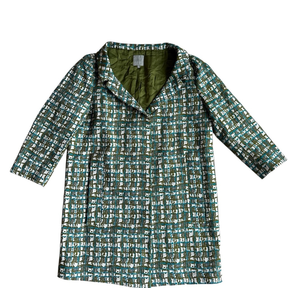 COS Green and White Textured Short Coat  7/8 Sleeve Lenght Pockets Size 40/M